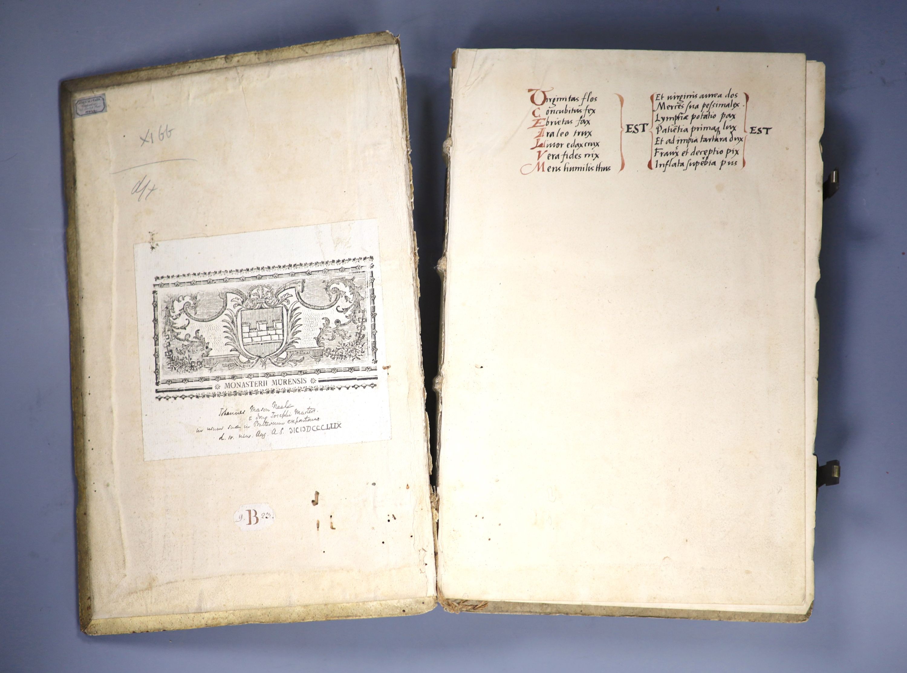 Carthusianus, Dionysius - D.Dionyii Carthusiani Insigne Opus Commentariorrum In Psalmos Omnes Davidicos, folio, contemporary embossed vellum with brass clasps, cover detached, lacking portrait frontispiece, boards with s